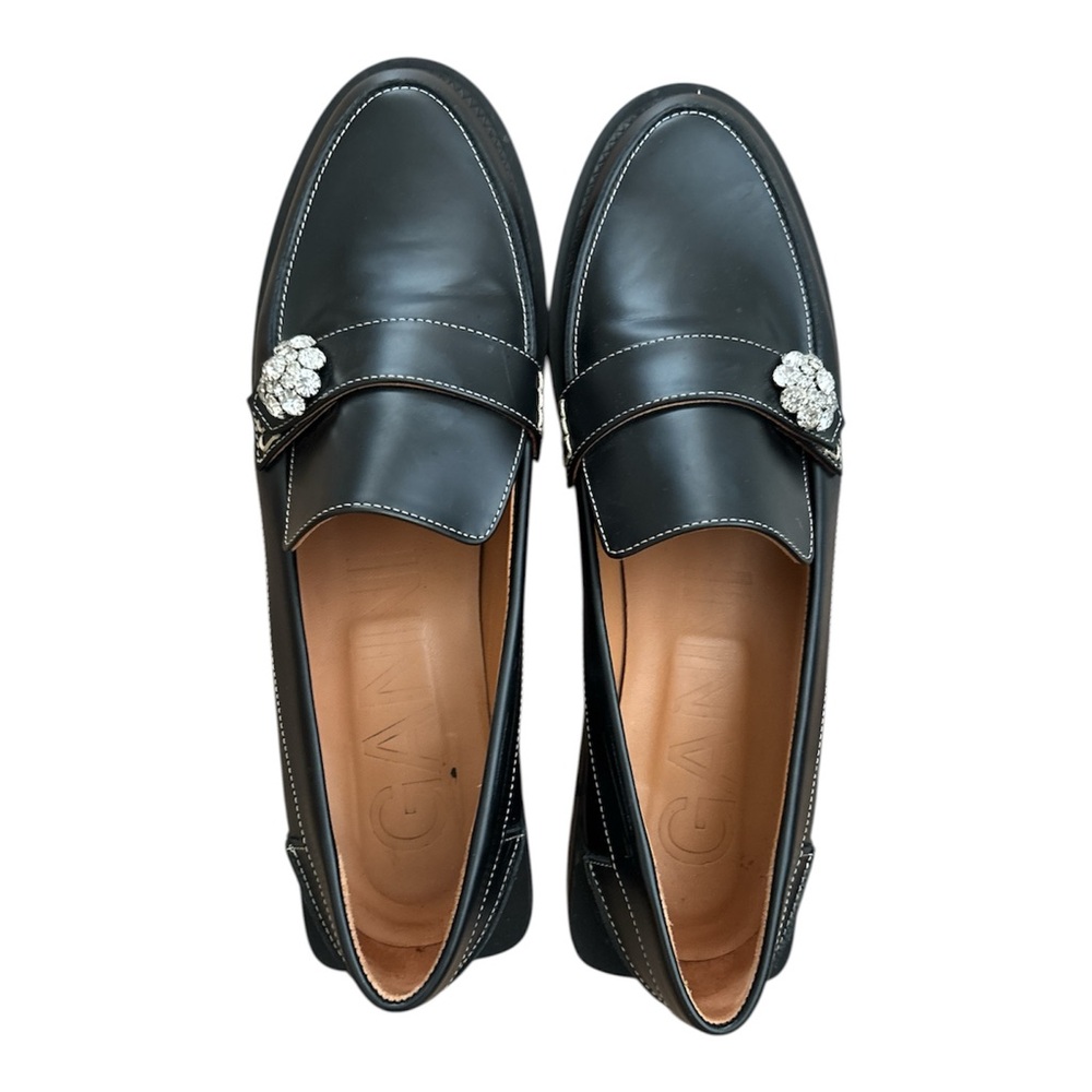 Black Leather Women's Loafers with Rhinestone Buckle B Corp Certified